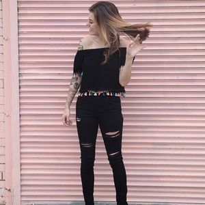 tassel off the shoulder black top